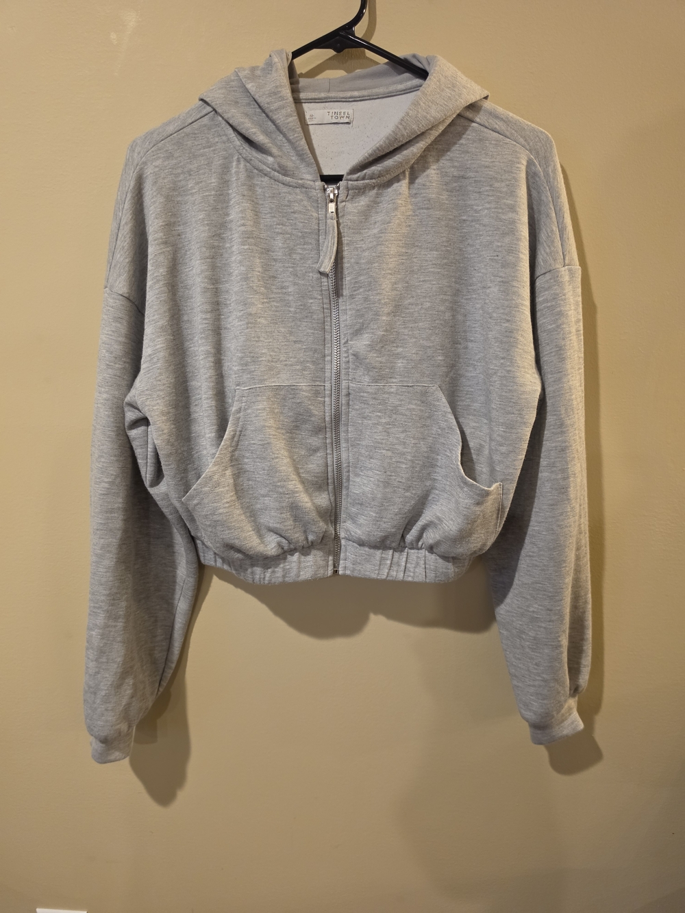 Tinsel Town Cropped Zip-Up Hoodie Jacket - Light Gray